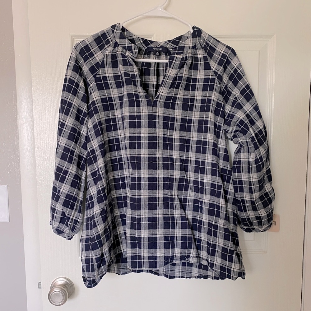 Madewell 3/4 Sleeve Blue Navy Plaid Blouse